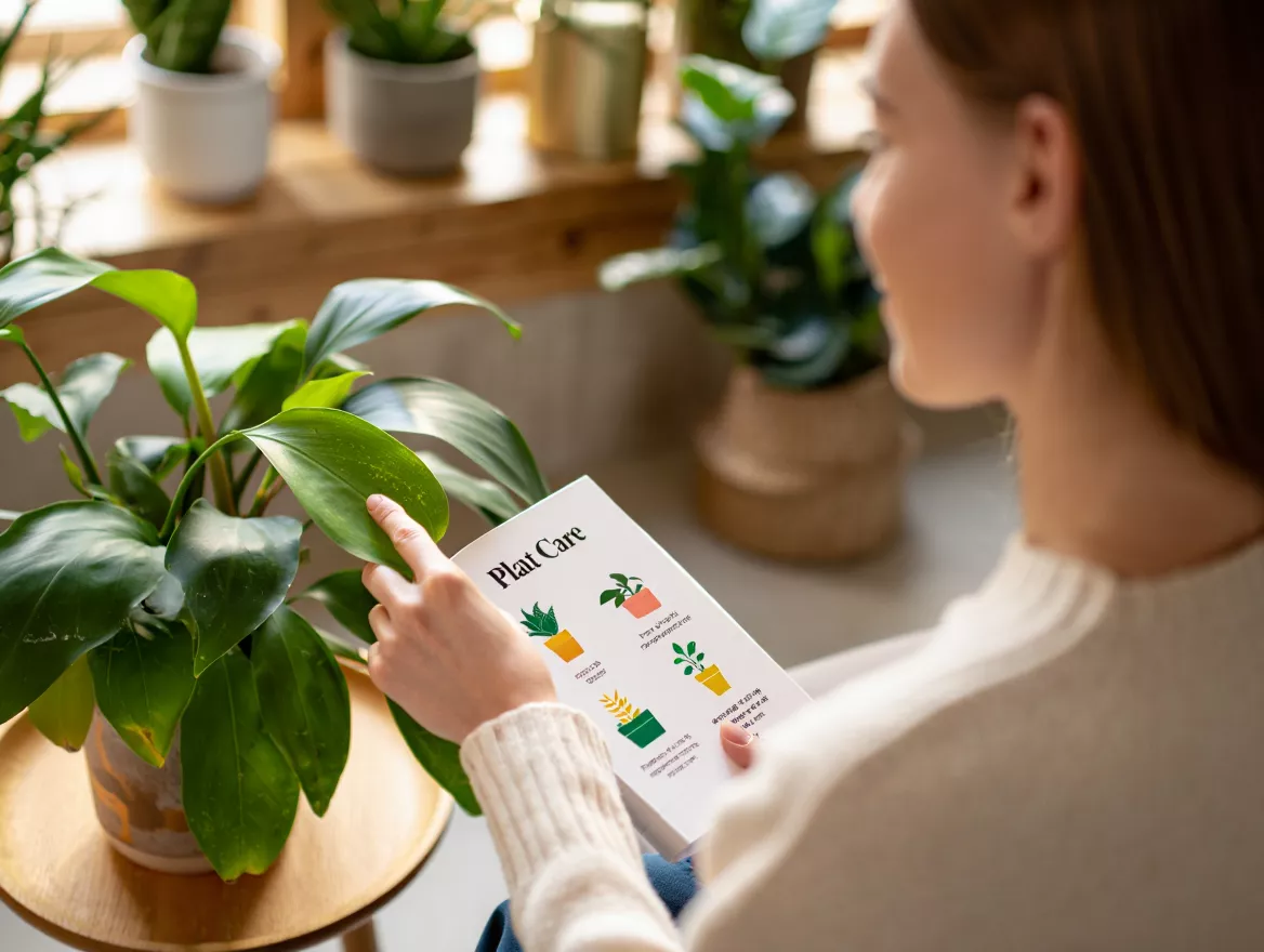 Person checking plant health with care guide
